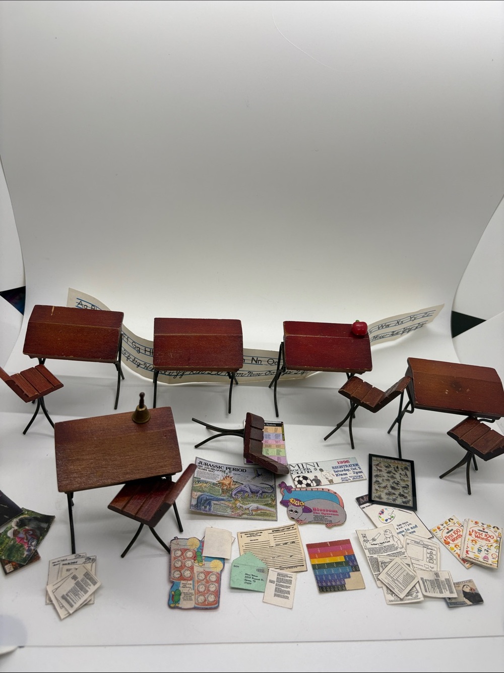 Vintage Doll House School Desks Chairs Bundle